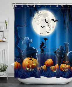 Full Moon Witch And Pumpkins Shower Curtain - Creepy Halloween Decor