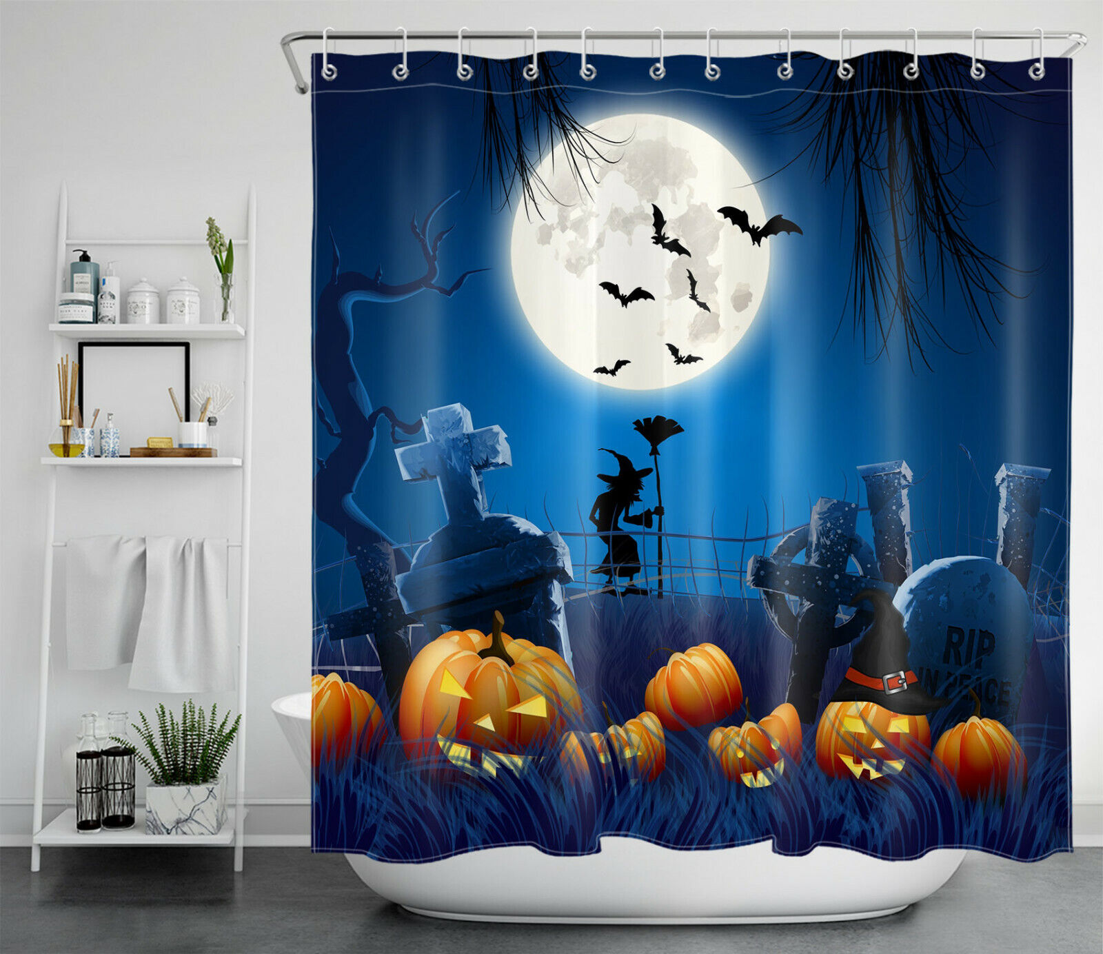 Full Moon Witch And Pumpkins Shower Curtain - Creepy Halloween Decor