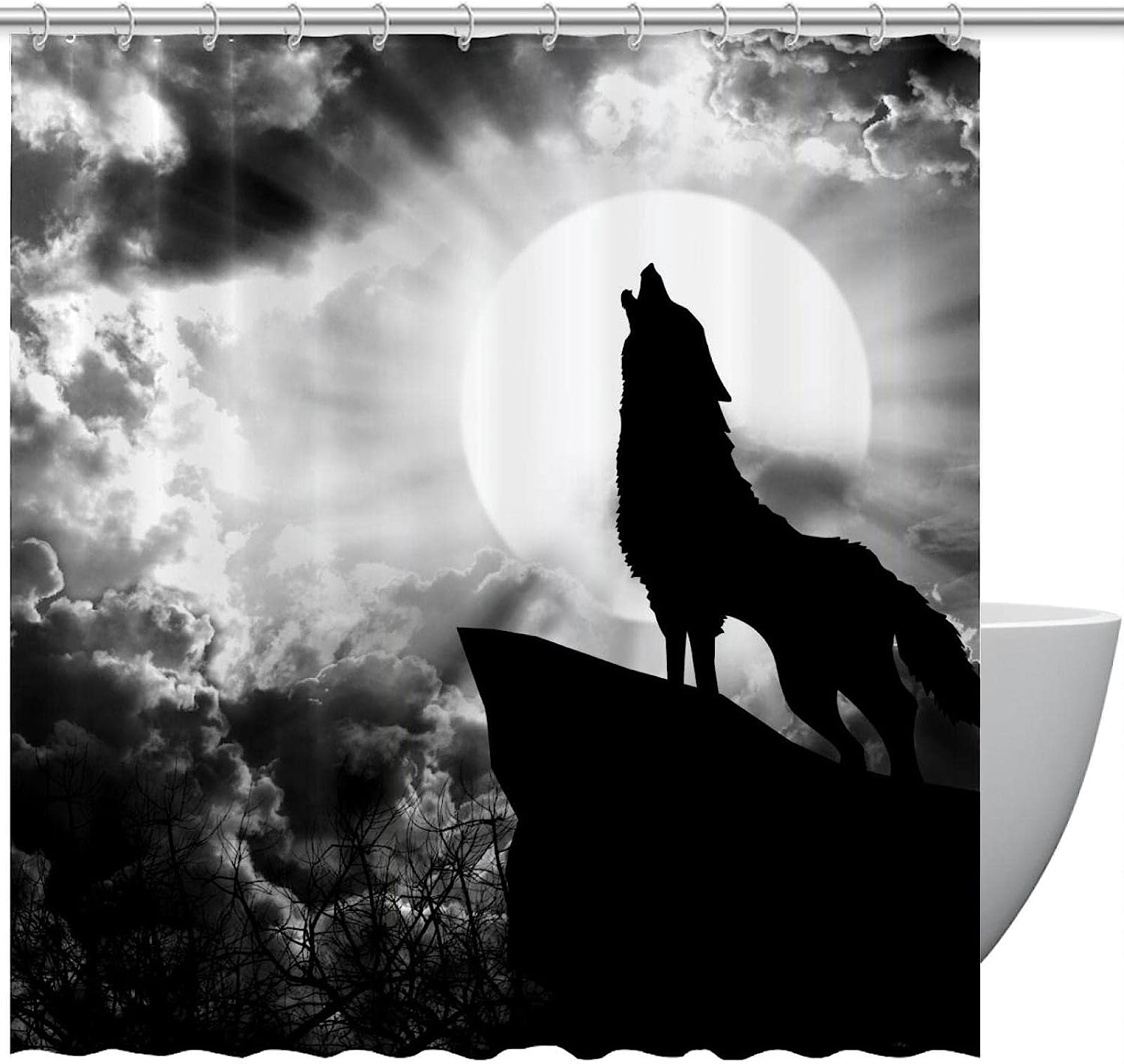 Full Moon Wolf Howl Forest Night Shower Curtain for Wildlife and Nature Lovers