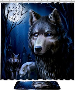Full Moon Wolf Howl Shower Curtain with Animal Print for Wilderness Bathroom Decor