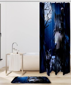 Full Moon Wolf Howl Shower Curtain with Animal Print for Wilderness Bathroom Decor