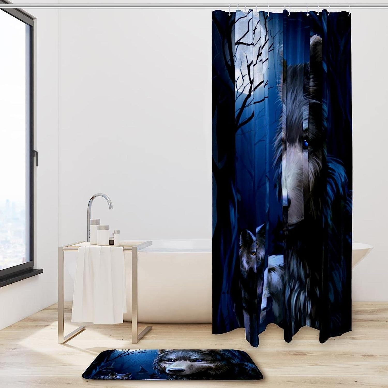 Full Moon Wolf Howl Shower Curtain with Animal Print for Wilderness Bathroom Decor