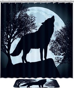 Full Moon Wolf Shower Curtain with Animal Print for Bathroom Decor