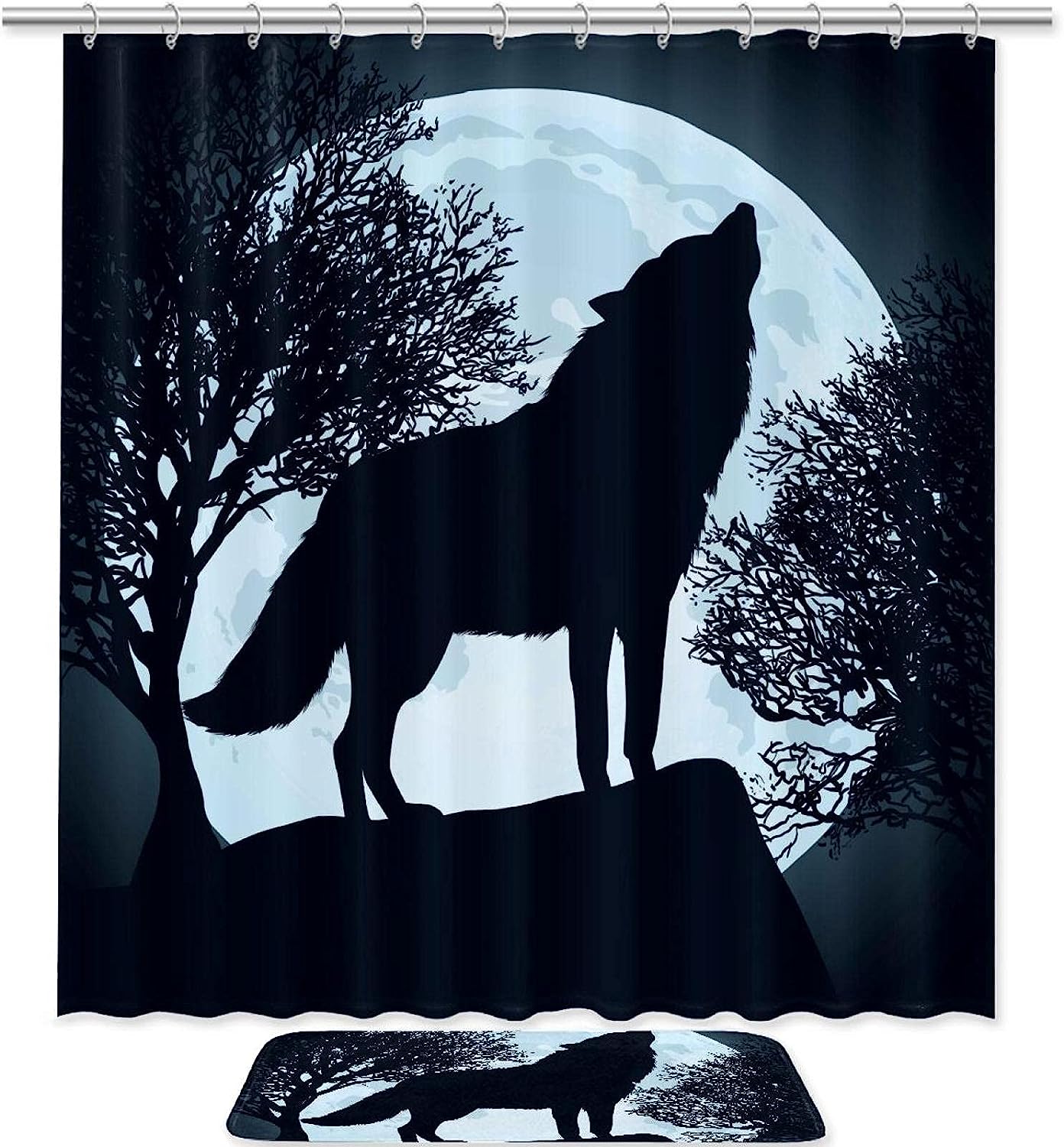 Full Moon Wolf Shower Curtain with Animal Print for Bathroom Decor