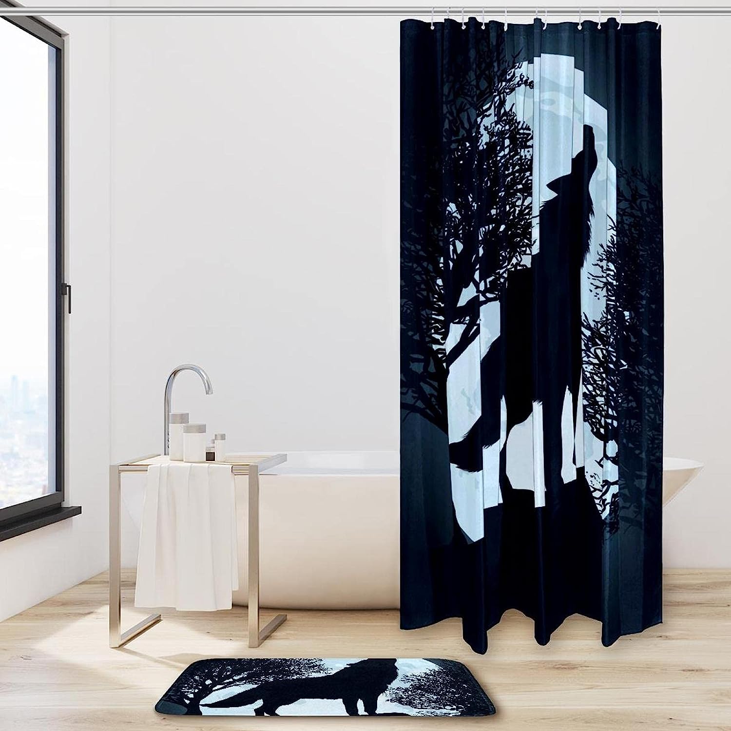 Full Moon Wolf Shower Curtain with Animal Print for Bathroom Decor