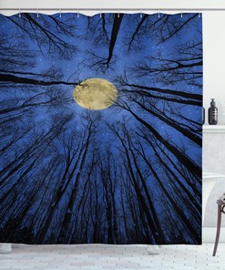 Full Moon in Woods Landscape Shower Curtain for Mysterious Bathroom Decor