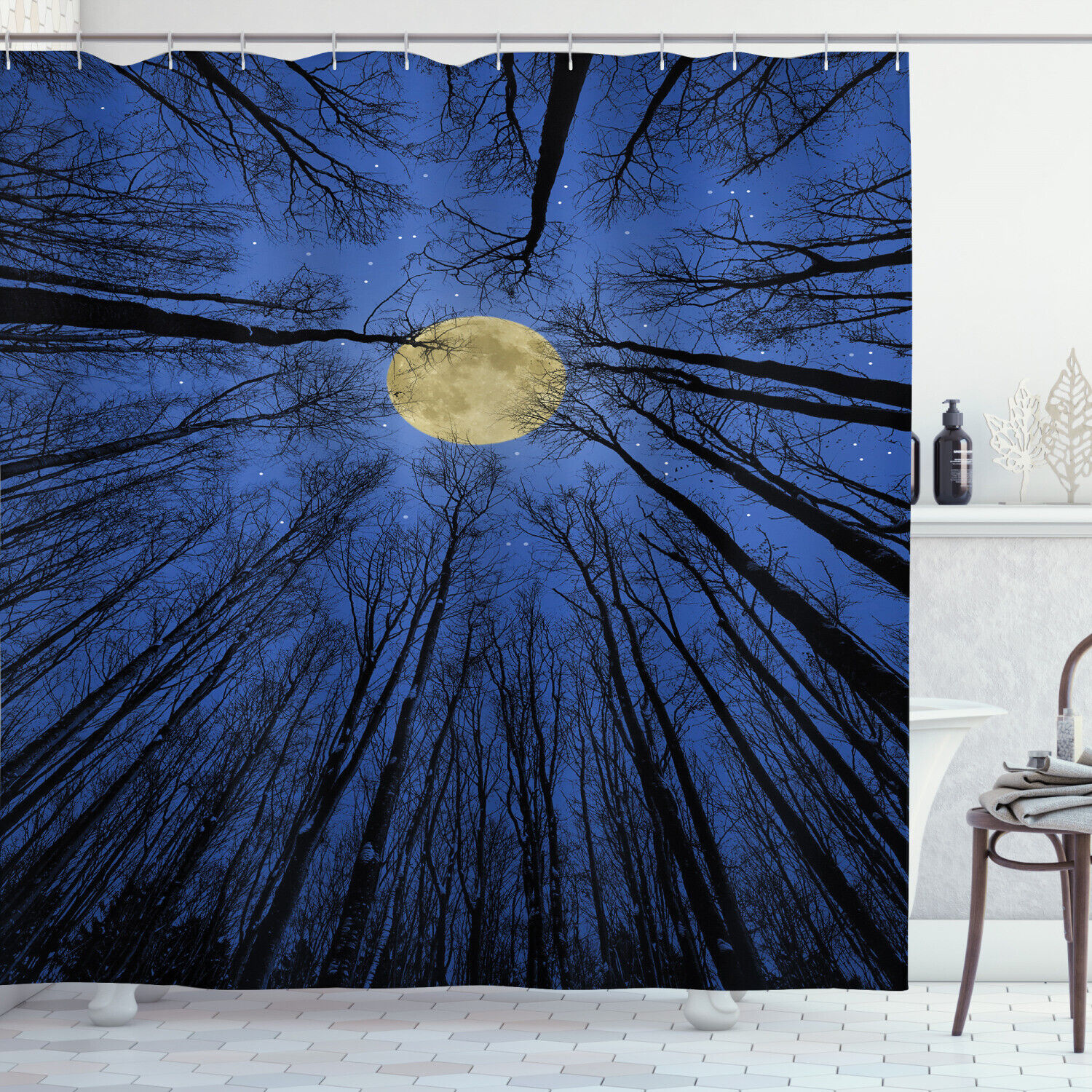 Full Moon in Woods Landscape Shower Curtain for Mysterious Bathroom Decor