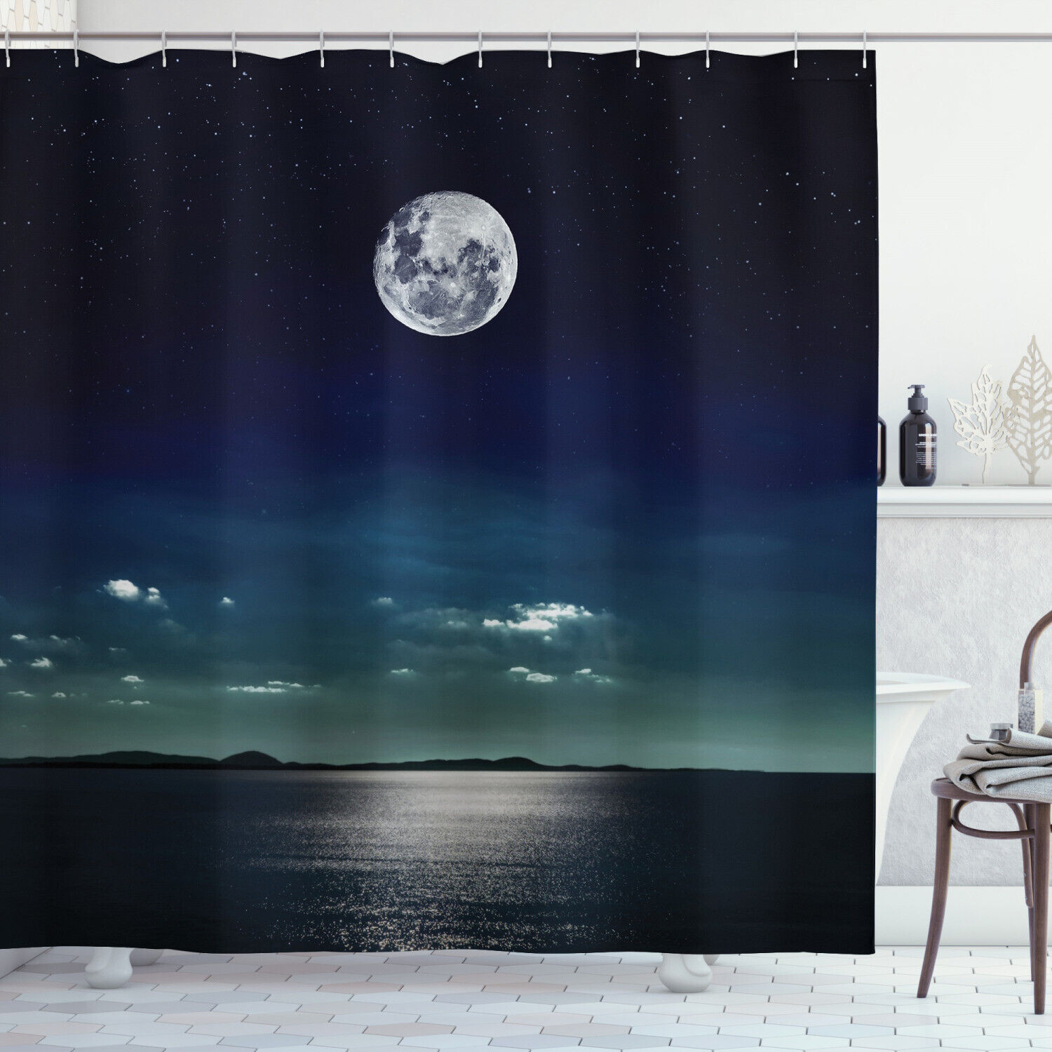 Full Moon in the Ocean Print Shower Curtain for Bathroom