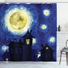 Full Moon over Country Houses Shower Curtain for Rustic Bathroom Decor 