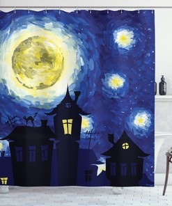 Full Moon over Country Houses Shower Curtain for Rustic Bathroom Decor