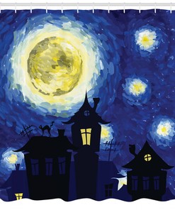Full Moon over Country Houses Shower Curtain for Rustic Bathroom Decor