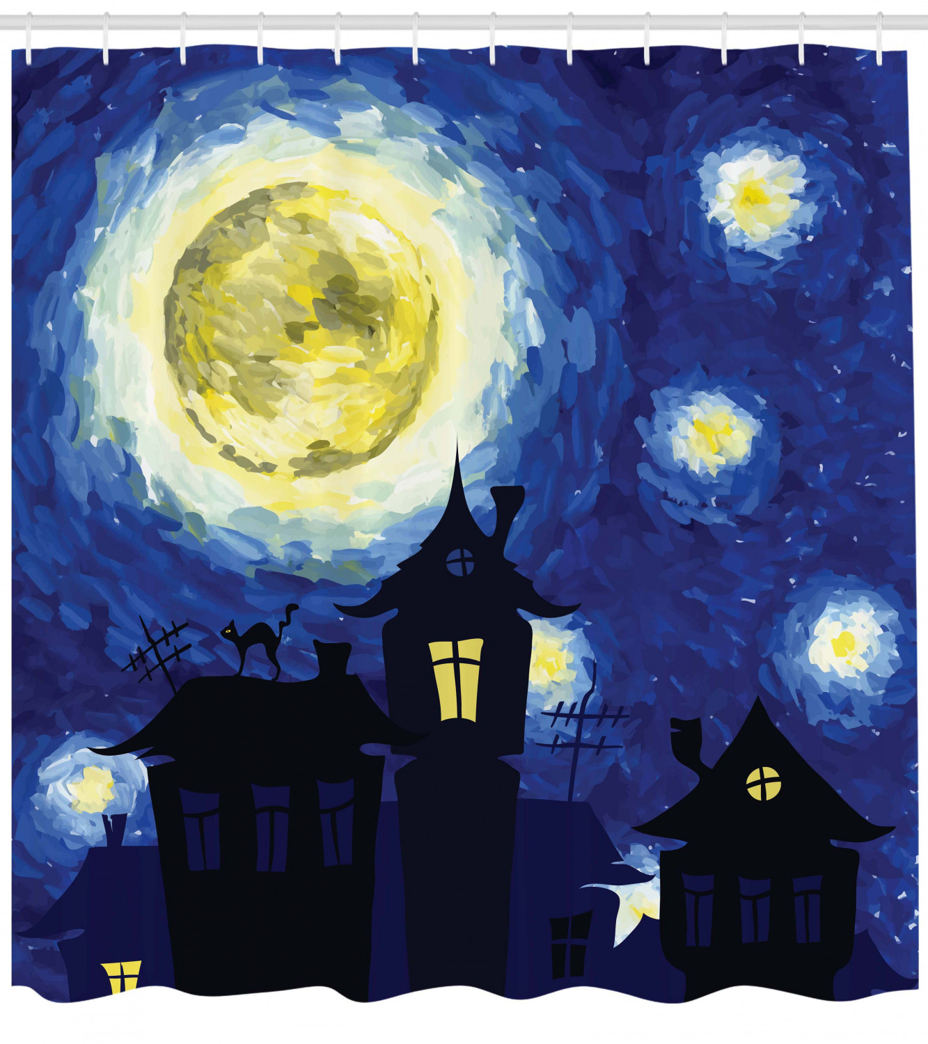 Full Moon over Country Houses Shower Curtain for Rustic Bathroom Decor