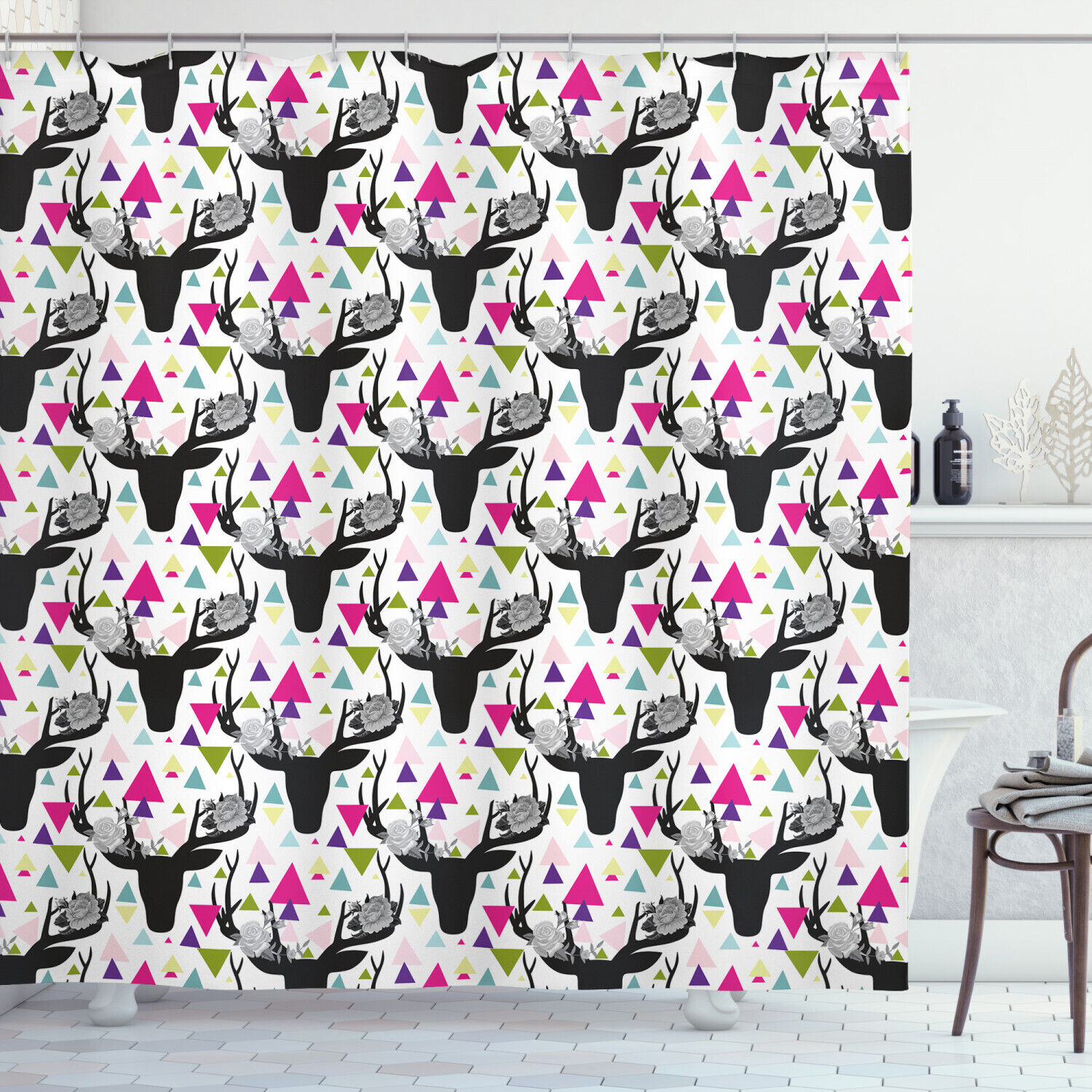 Full Size Animal Print Shower Curtain With Deer And Antlers Design