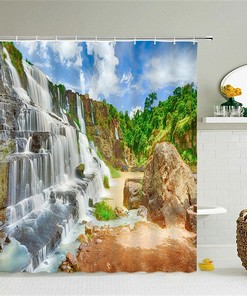 Full Size Curtain Set with Waterfall View Print, Waterproof for Bathroom Stall