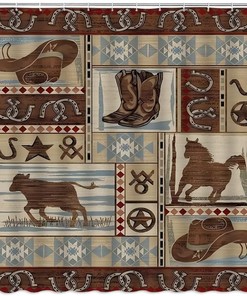 Full Size Western Shower Curtain - Rustic and Country Style Bathroom Decor with Horses, Stars, and Horseshoes