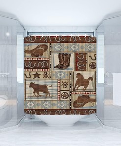 Full Size Western Shower Curtain - Rustic and Country Style Bathroom Decor with Horses, Stars, and Horseshoes