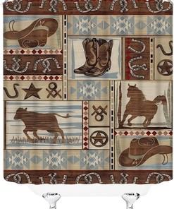 Full Size Western Shower Curtain - Rustic and Country Style Bathroom Decor with Horses, Stars, and Horseshoes