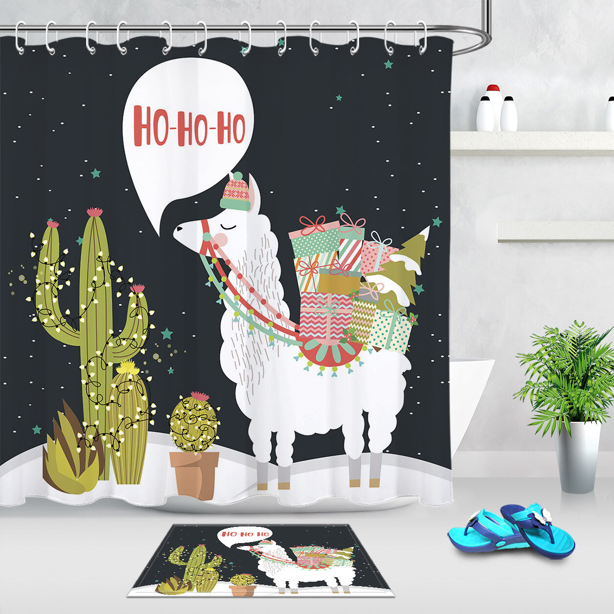 Fun Alpaca Cactus Merry Christmas Waterproof Fabric Shower Curtain for Bathroom Decor