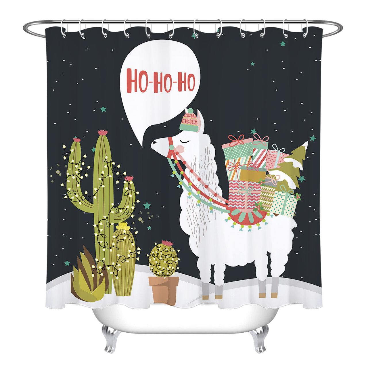Fun Alpaca Cactus Merry Christmas Waterproof Fabric Shower Curtain for Bathroom Decor