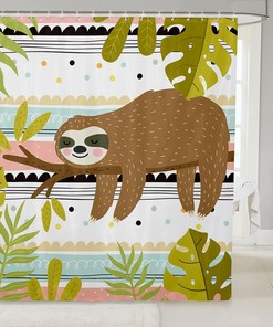 Fun And Cute Cartoon Sloth Fabric Shower Curtain With Kawaii Wild Animal Boho Stripes Print For Bathroom Decor