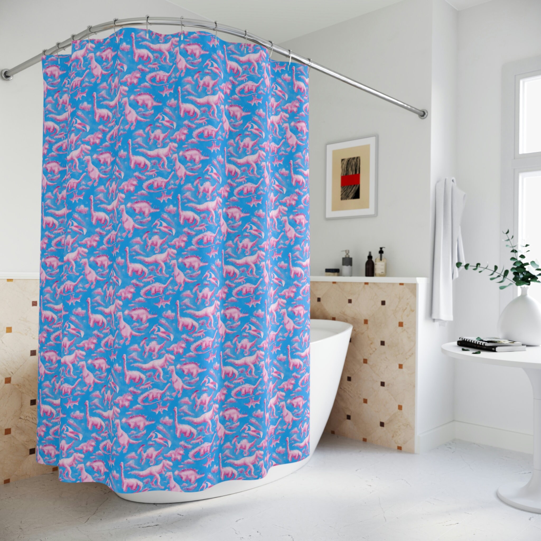 Fun And Dreamy Dinosaur Cloud Shower Curtain For A Quirky And Unique Bathroom Decor