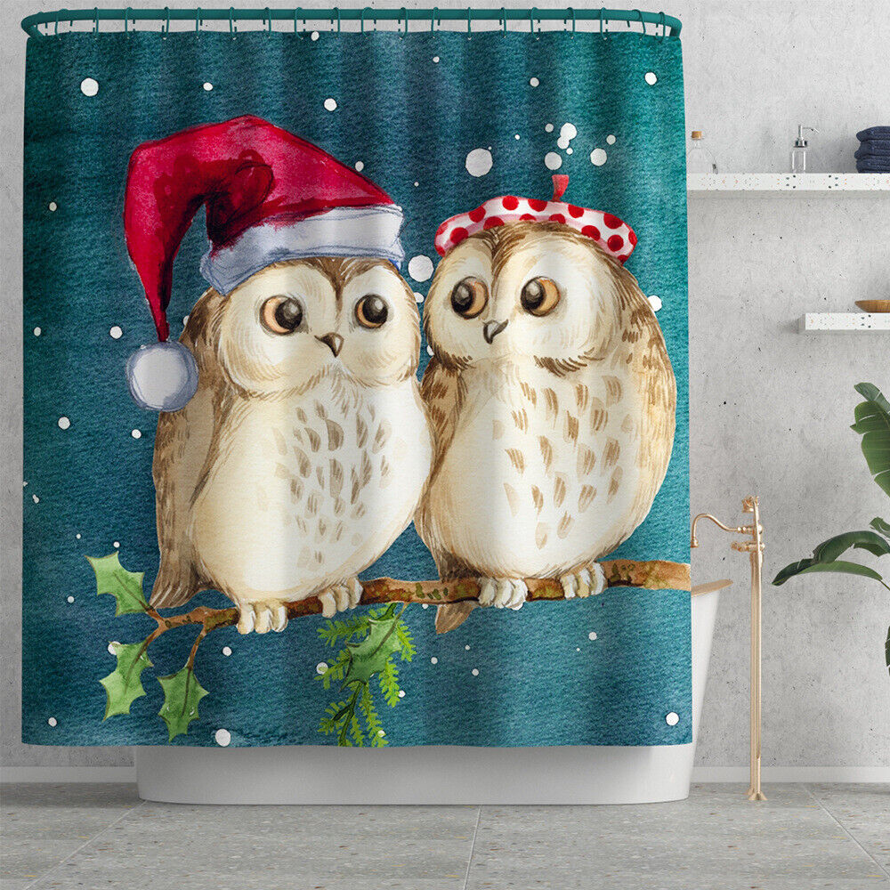 Fun And Festive Christmas Owl Shower Curtain - Waterproof Fabric Bathroom Decor - Image 2