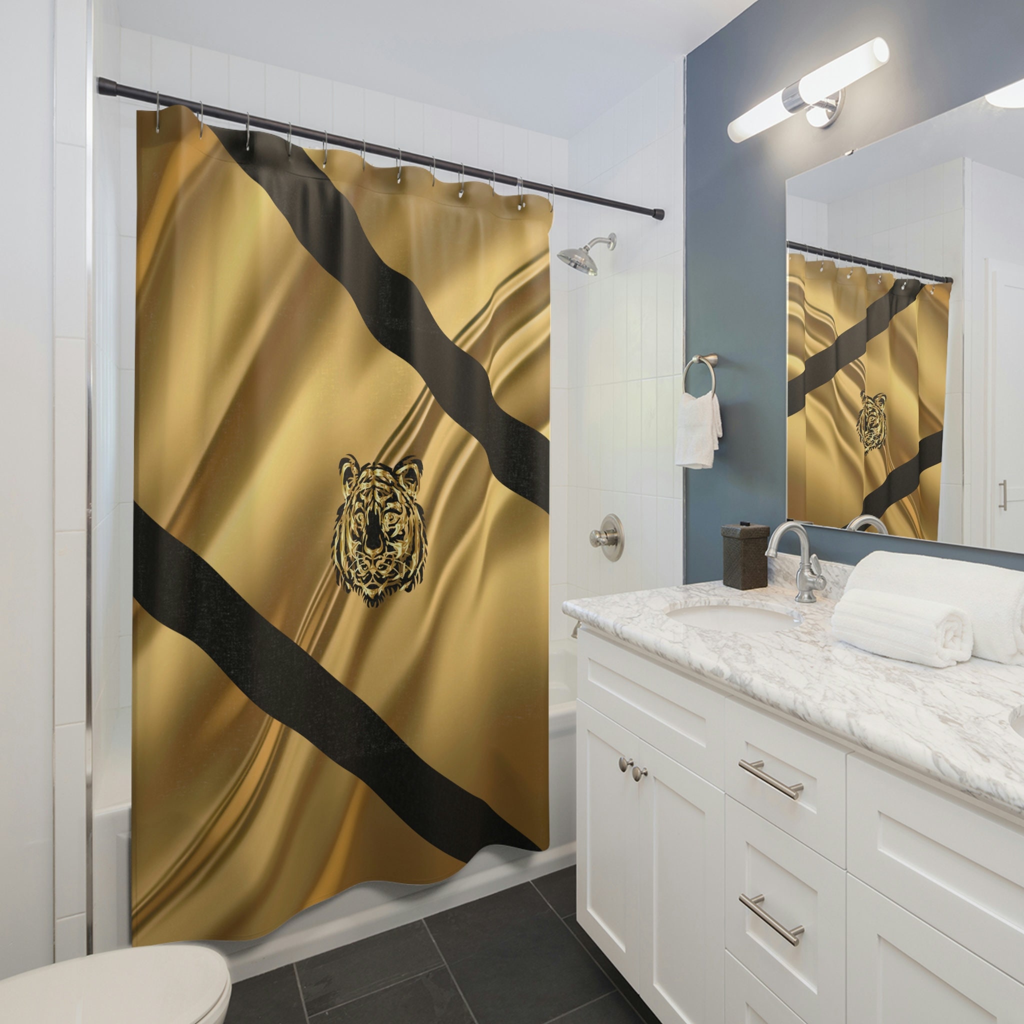 Fun And Funky Golden Tiger Shower Curtain For Kids Bathroom - Elegant And Stylish
