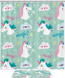 Fun And Magical Bathroom Decoration With Unicorn Clouds Shower Curtain, Waterproof Bath Curtain 
