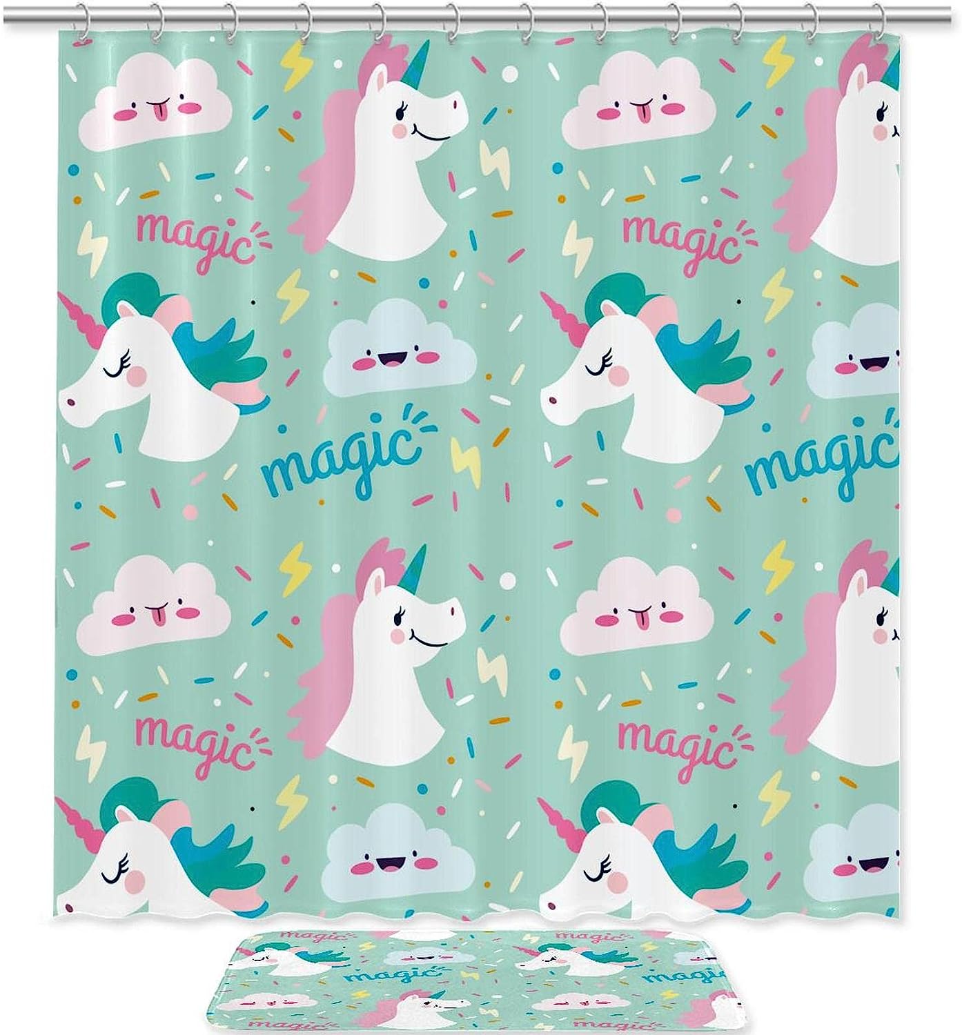 Fun And Magical Bathroom Decoration With Unicorn Clouds Shower Curtain, Waterproof Bath Curtain