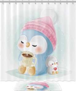 Fun And Playful Cartoon Cute Penguin Waterproof Shower Curtain For Kids