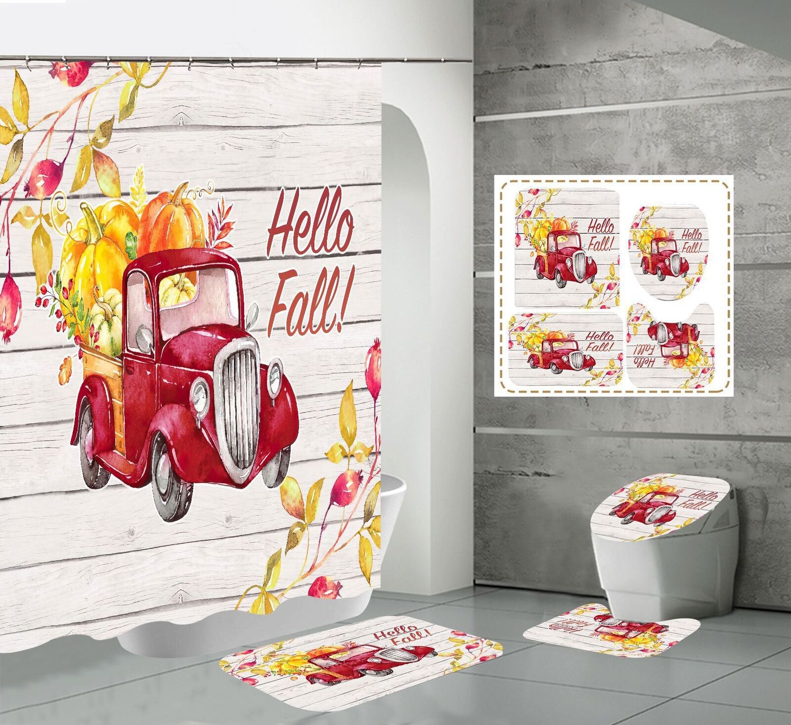 Fun And Playful Cartoon Sedan Pumpkin Fabric Shower Curtain For Halloween Bathroom Decor