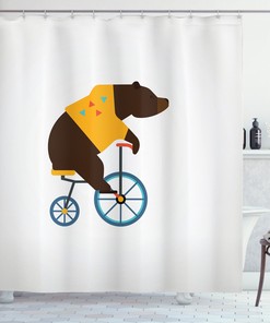 Fun And Playful Cartoon Shower Curtain With Bear Bicycle Circus Print For Bathroom Decor
