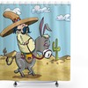 Fun And Playful Cartoon Shower Curtain With Mexican Man Wearing Sombrero Hat Riding A Donkey In The Desert