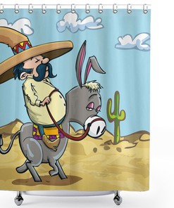 Fun And Playful Cartoon Shower Curtain With Mexican Man Wearing Sombrero Hat Riding A Donkey In The Desert