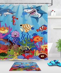 Fun And Playful Cartoon Style Ocean Lives Dolphin Shark Turtle Shower Curtain For Kids Bathroom Decor