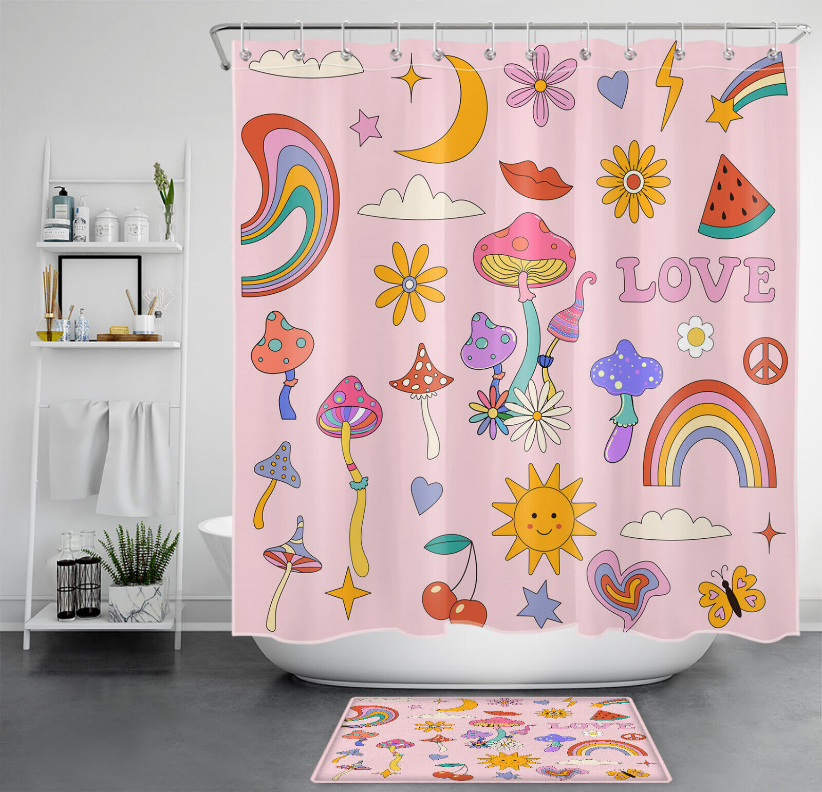 Fun And Playful Cloud Mushroom Rainbow Moon Watermelon Shower Curtain For Whimsical Bathroom Decor