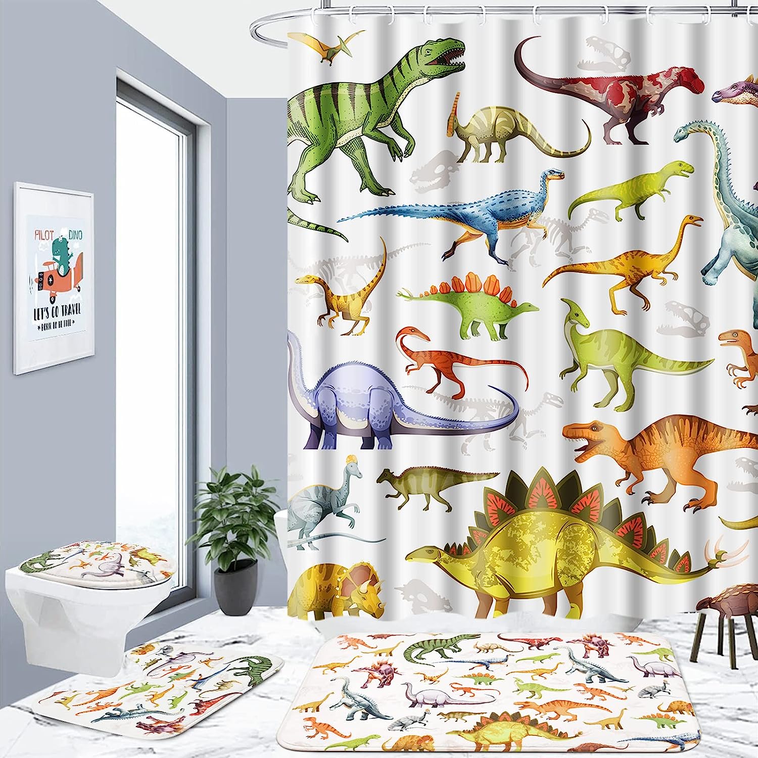 Fun And Playful Dinosaur Cartoon Shower Curtain For Kids Bathroom Decor