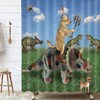 Fun And Playful Dog Riding A Dinosaur Shower Curtain For A Unique Bath Space