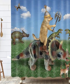 Fun And Playful Dog Riding A Dinosaur Shower Curtain For A Unique Bath Space