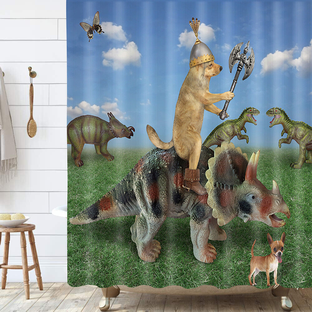Fun And Playful Dog Riding A Dinosaur Shower Curtain For A Unique Bath Space