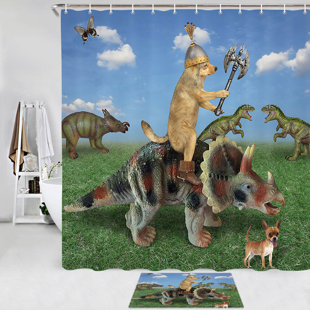 Fun And Playful Dog Riding A Dinosaur Shower Curtain For A Unique Bath Space - Image 2