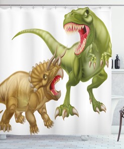 Fun And Playful Printed Two Dinosaurs Shower Curtain For A Unique And Creative Bathroom Decor