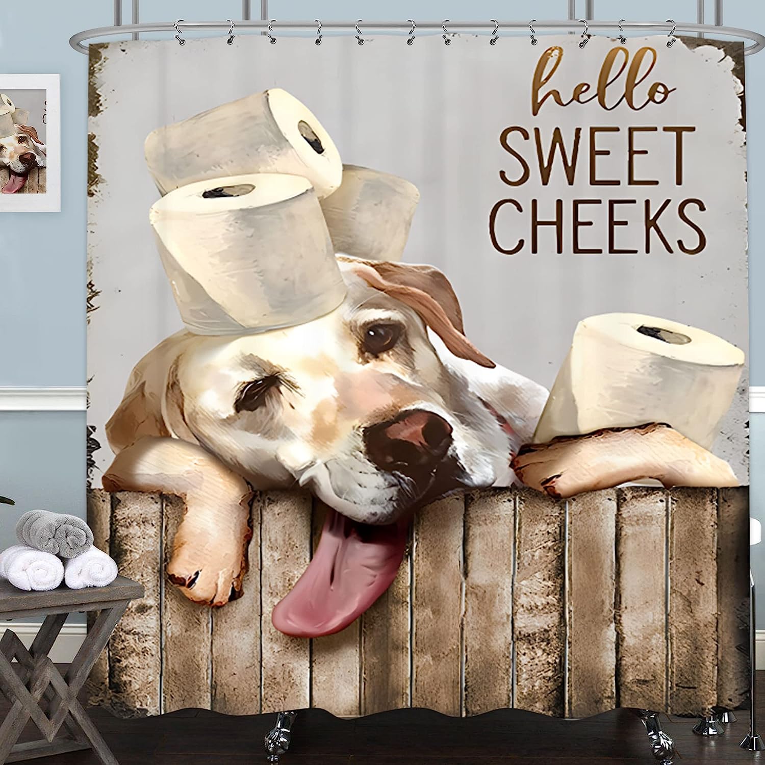 Fun And Rustic Shower Curtain For The Bathroom With Dog Print, Retro Western And Farmhouse Design