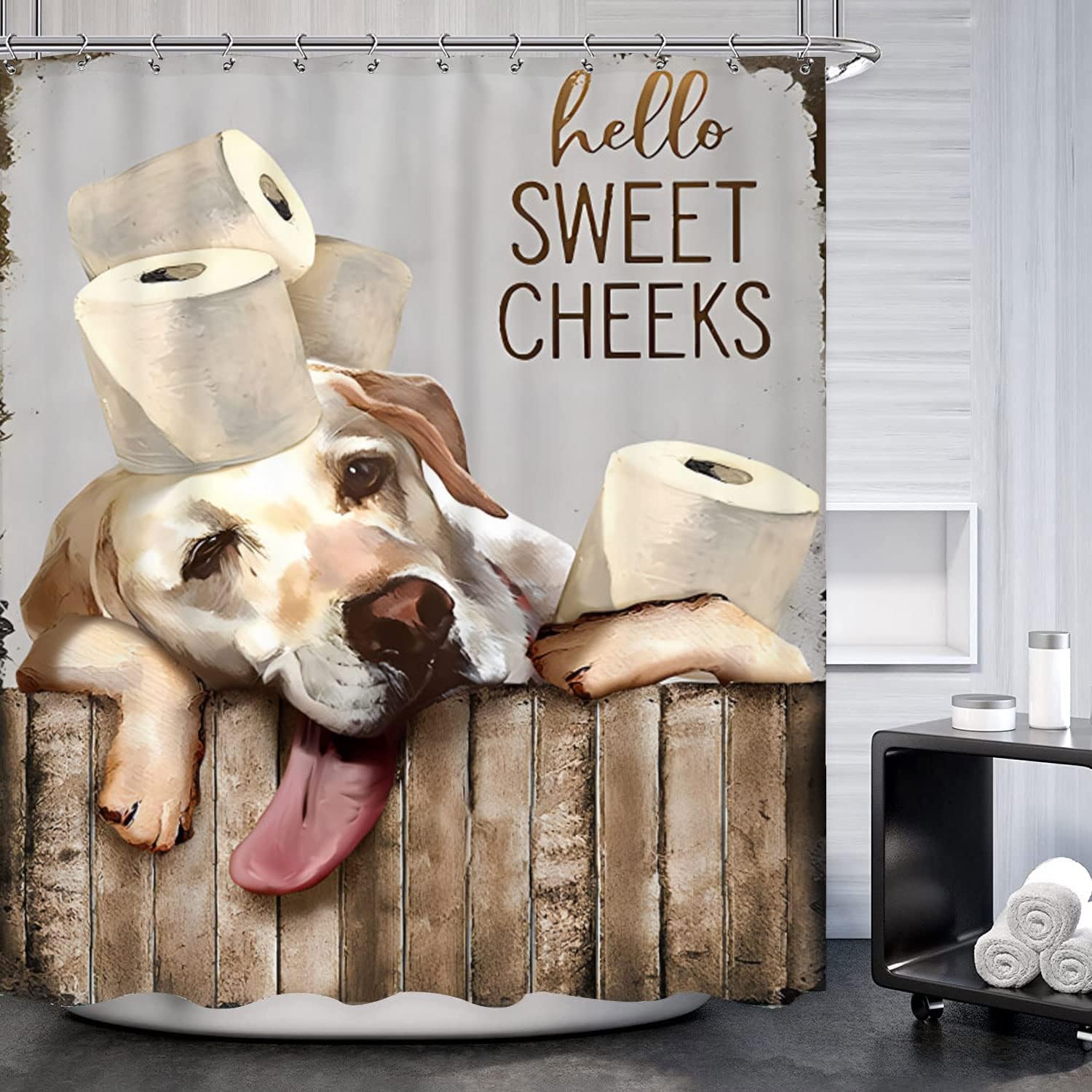 Fun And Rustic Shower Curtain For The Bathroom With Dog Print, Retro Western And Farmhouse Design
