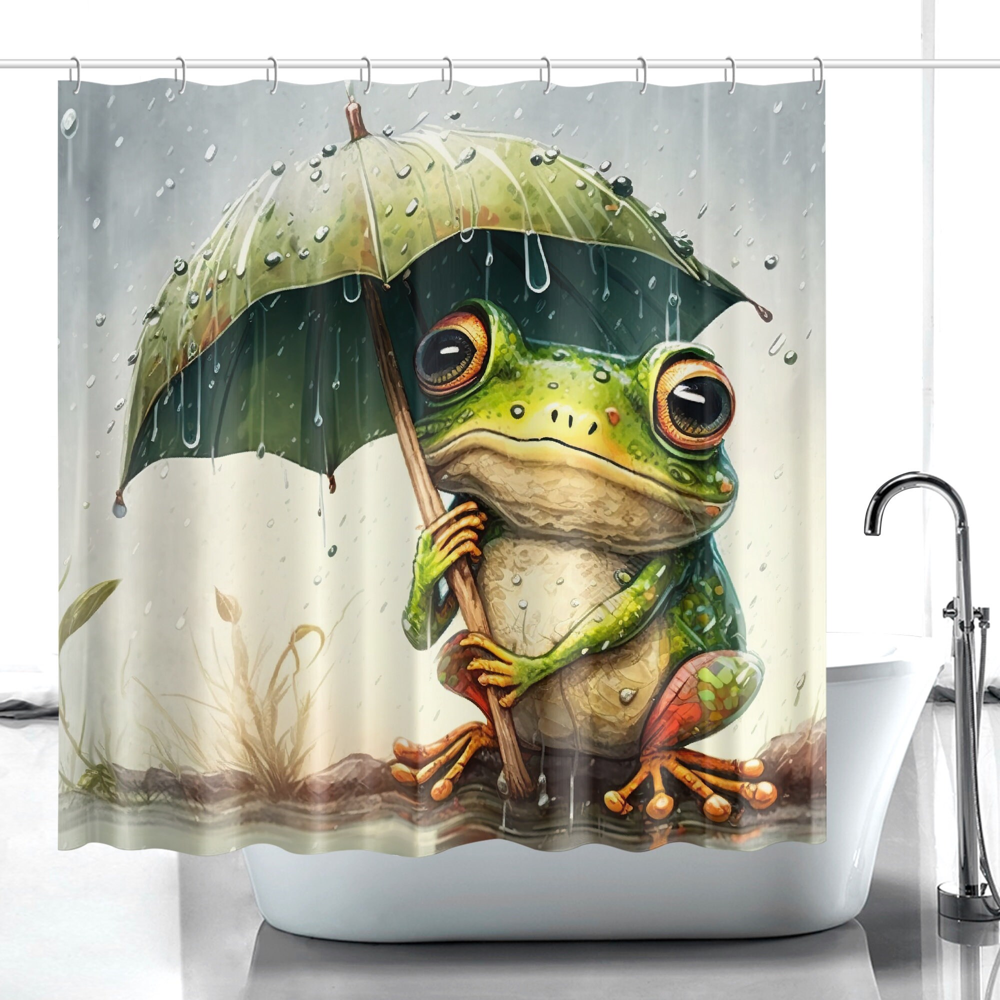 Fun And Whimsical Frog With Umbrella Funny Fabric Shower Curtain - A Perfect Addition To Your Bathroom Decor