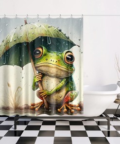 Fun And Whimsical Frog With Umbrella Funny Fabric Shower Curtain - A Perfect Addition To Your Bathroom Decor
