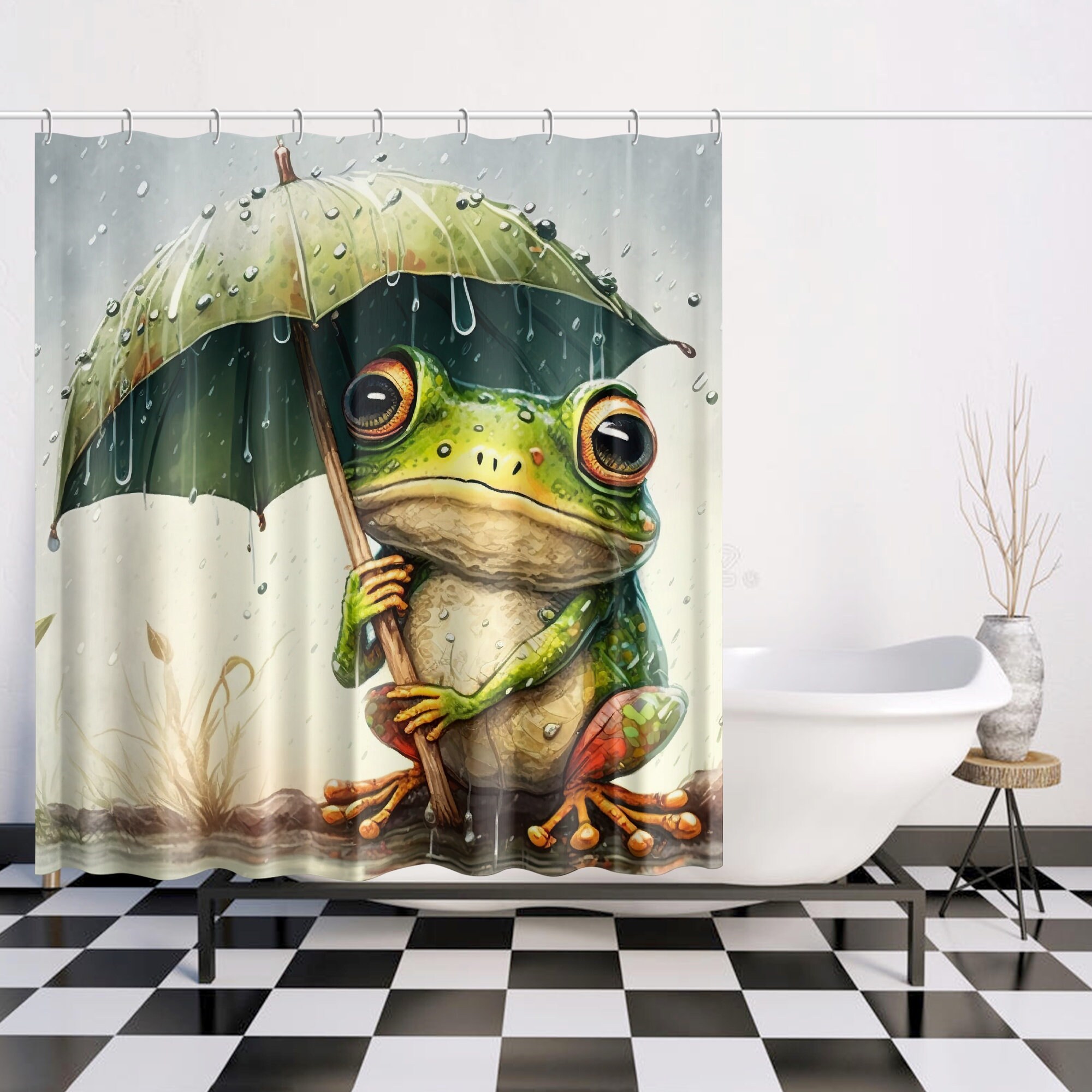 Fun And Whimsical Frog With Umbrella Funny Fabric Shower Curtain - A Perfect Addition To Your Bathroom Decor