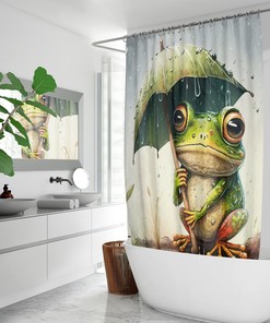 Fun And Whimsical Frog With Umbrella Funny Fabric Shower Curtain - A Perfect Addition To Your Bathroom Decor