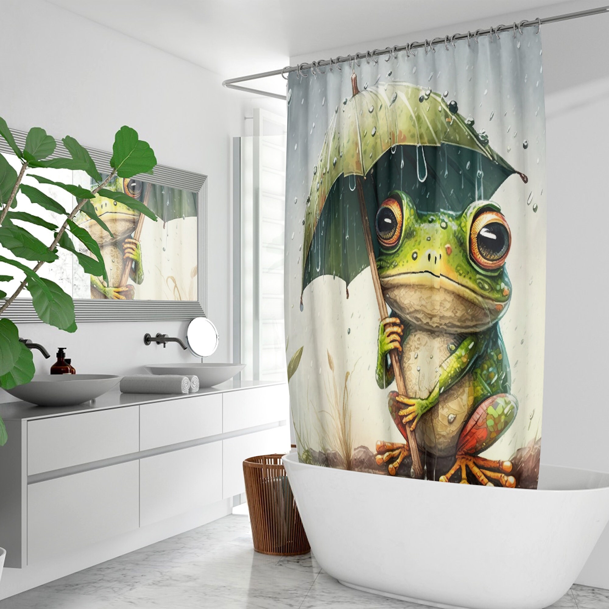 Fun And Whimsical Frog With Umbrella Funny Fabric Shower Curtain - A Perfect Addition To Your Bathroom Decor