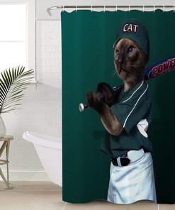 Fun Animal Theme Playing Baseball Cat Shower Curtain, Bathroom Decor